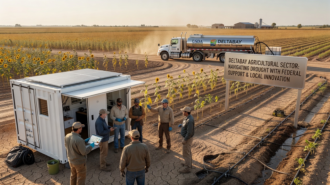 Close-up of local farmers inspecting soil moisture sensors and drought-resistant crop varieties in a Deltabay field