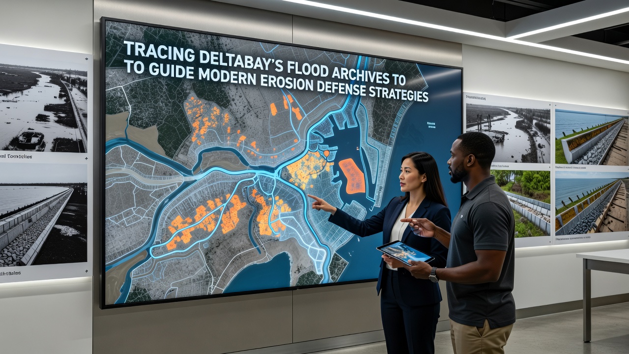 Coastal engineers reviewing flood archive overlays with current erosion maps